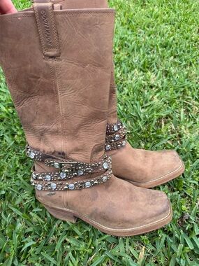 Rocket Dog Brown Leather Studded Rhinestone Harness Boots Western Boho Size 9